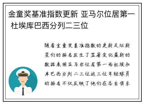 金童奖基准指数更新 亚马尔位居第一 杜埃库巴西分列二三位