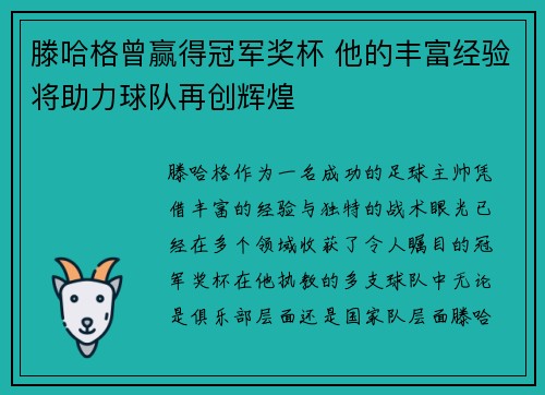 滕哈格曾赢得冠军奖杯 他的丰富经验将助力球队再创辉煌