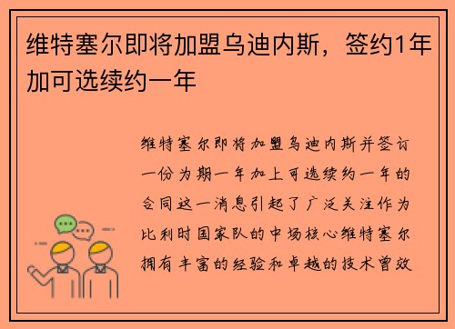维特塞尔即将加盟乌迪内斯，签约1年加可选续约一年