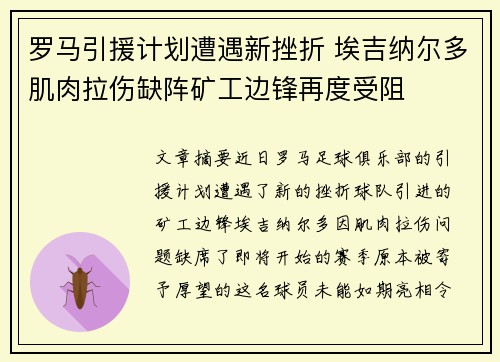 罗马引援计划遭遇新挫折 埃吉纳尔多肌肉拉伤缺阵矿工边锋再度受阻