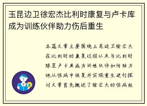 玉昆边卫徐宏杰比利时康复与卢卡库成为训练伙伴助力伤后重生