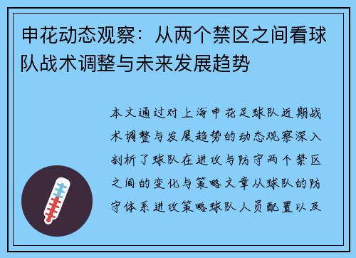 申花动态观察：从两个禁区之间看球队战术调整与未来发展趋势