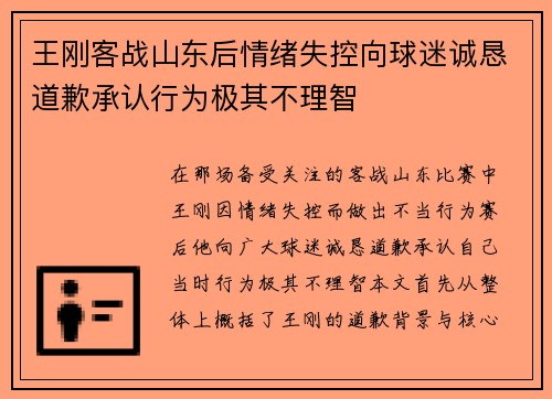 王刚客战山东后情绪失控向球迷诚恳道歉承认行为极其不理智